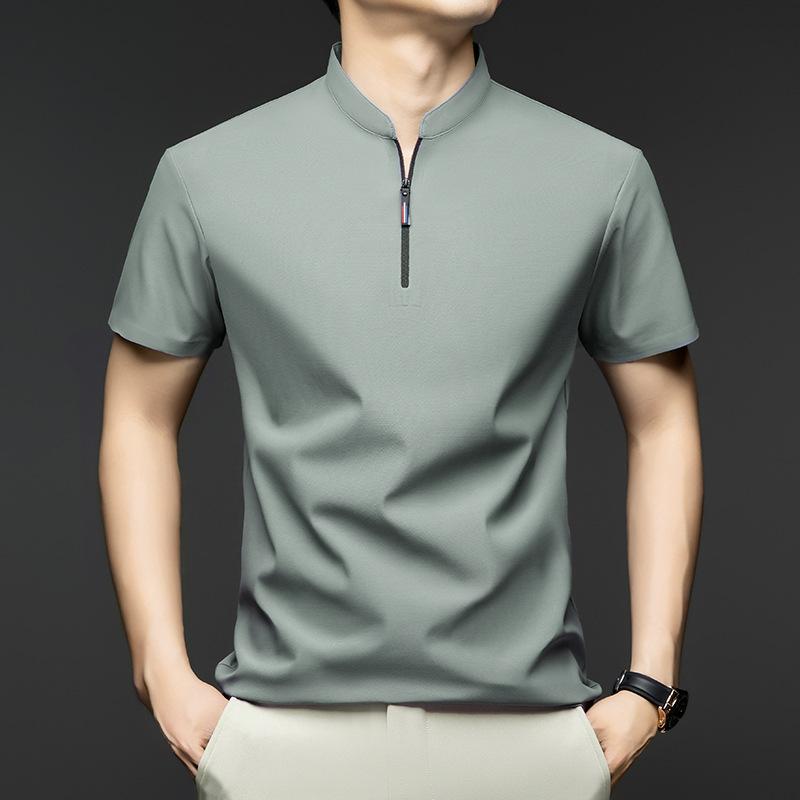 Men's Casual Fashion Solid Color Short Sleeved Polo Shirt Stand Up Collar Versatile Comfortable Top