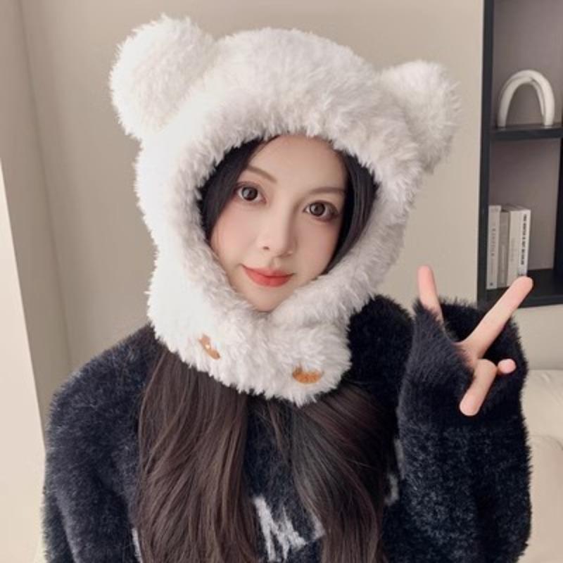 Niedliche Bärenohren Plüschmütze und Schal in einem Damen Winter Ohrenschützende Kapuze zum Warmhalten und Kälteschutz Lei Feng Mütze