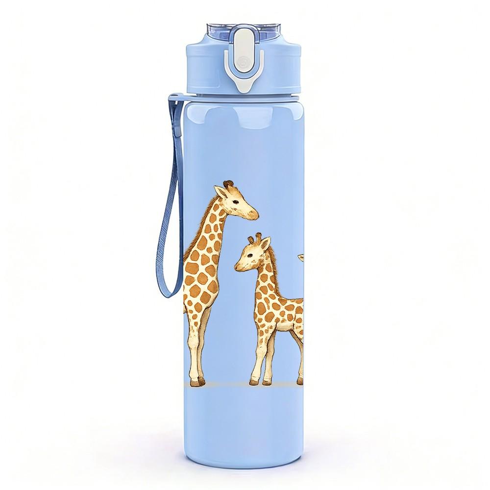 1PC Giraffe Family Animal Print 750ml Color Plastic Sports Water Bottle Leakproof Flip Straw Lid Suitable for Sports Office Home Use