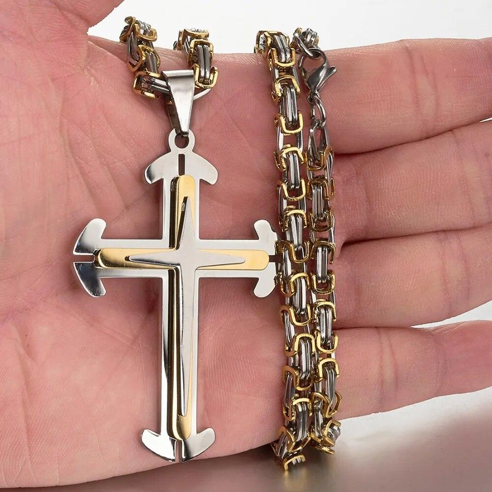 Christ Cross Pendant Necklace For Men Women Silver Gold Color Stainless Steel Byzantine Mens Chain Necklaces