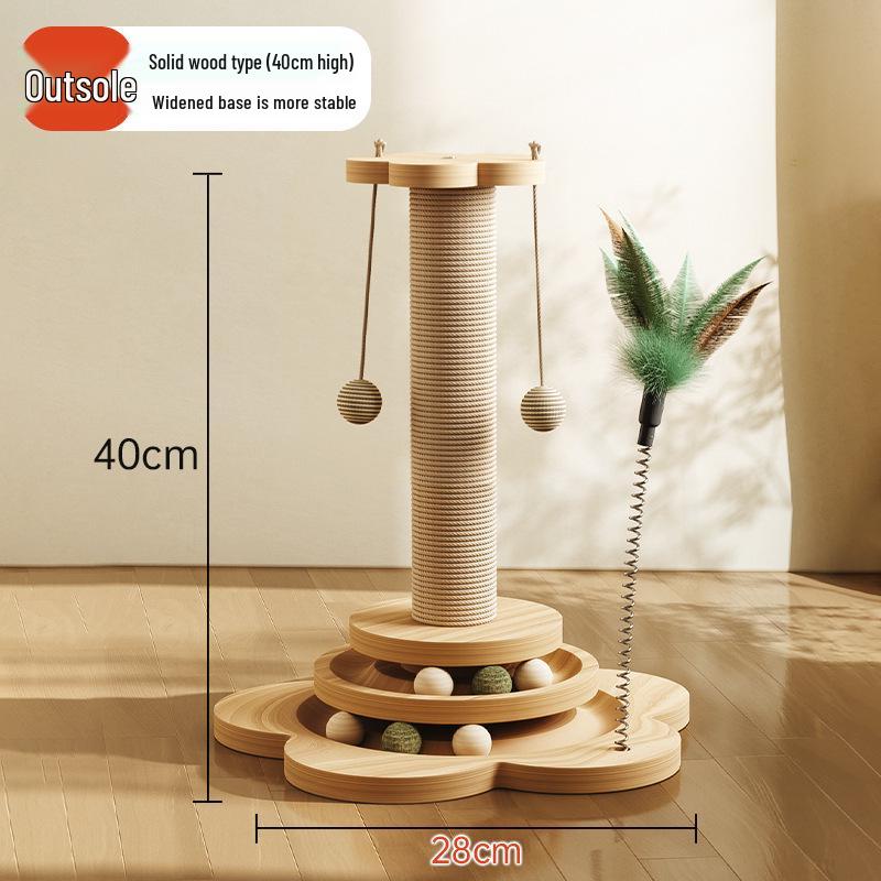 Vertical Wear-Resistant Sisal Rope Cat Scratching Post with Turntable and Teaser Toys