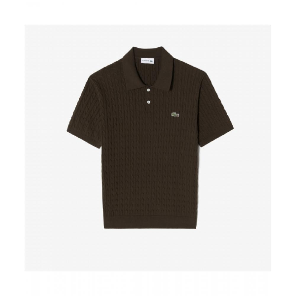 

LACOSTE Men s Cable Short Sleeve Sweater Polo [Brown]