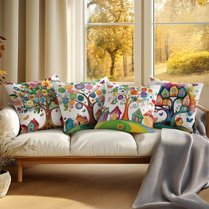Colorful Trees Houses Pillowcase Printed 100% Polyester 45X45Cm Throw Pillowcover Decorative Sofa Cushion Pillowslip Home Decor