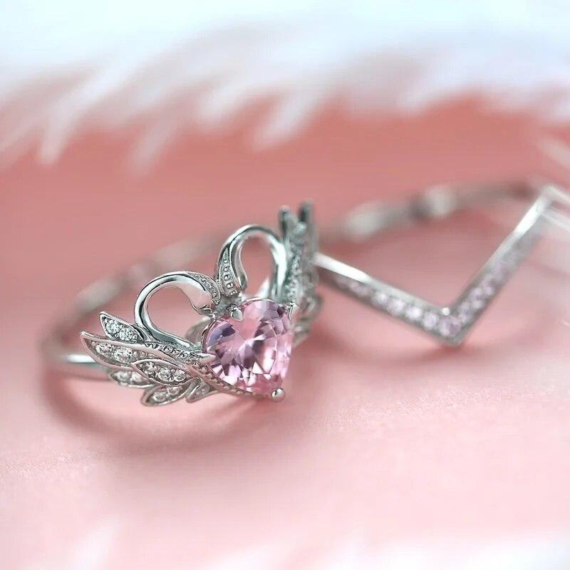 Elegant Beautiful Silver Color Heart Ring Women's Engagement Zircon Heart Shped Swan Ring Set Bridal Party Wedding Jewelry Gift