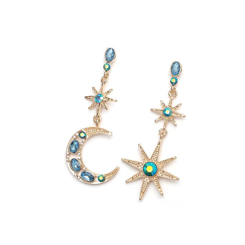 Korean Dongdaemun Luxury Asymmetrical Star & Moon Crystal Earrings
