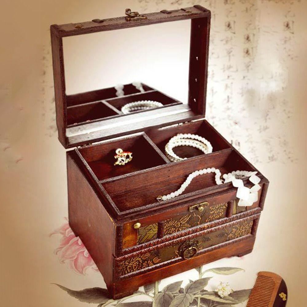 Intricate Carved Retro Distressed Storage Box Creative Dressing Box Wooden Treasure Box  Rings