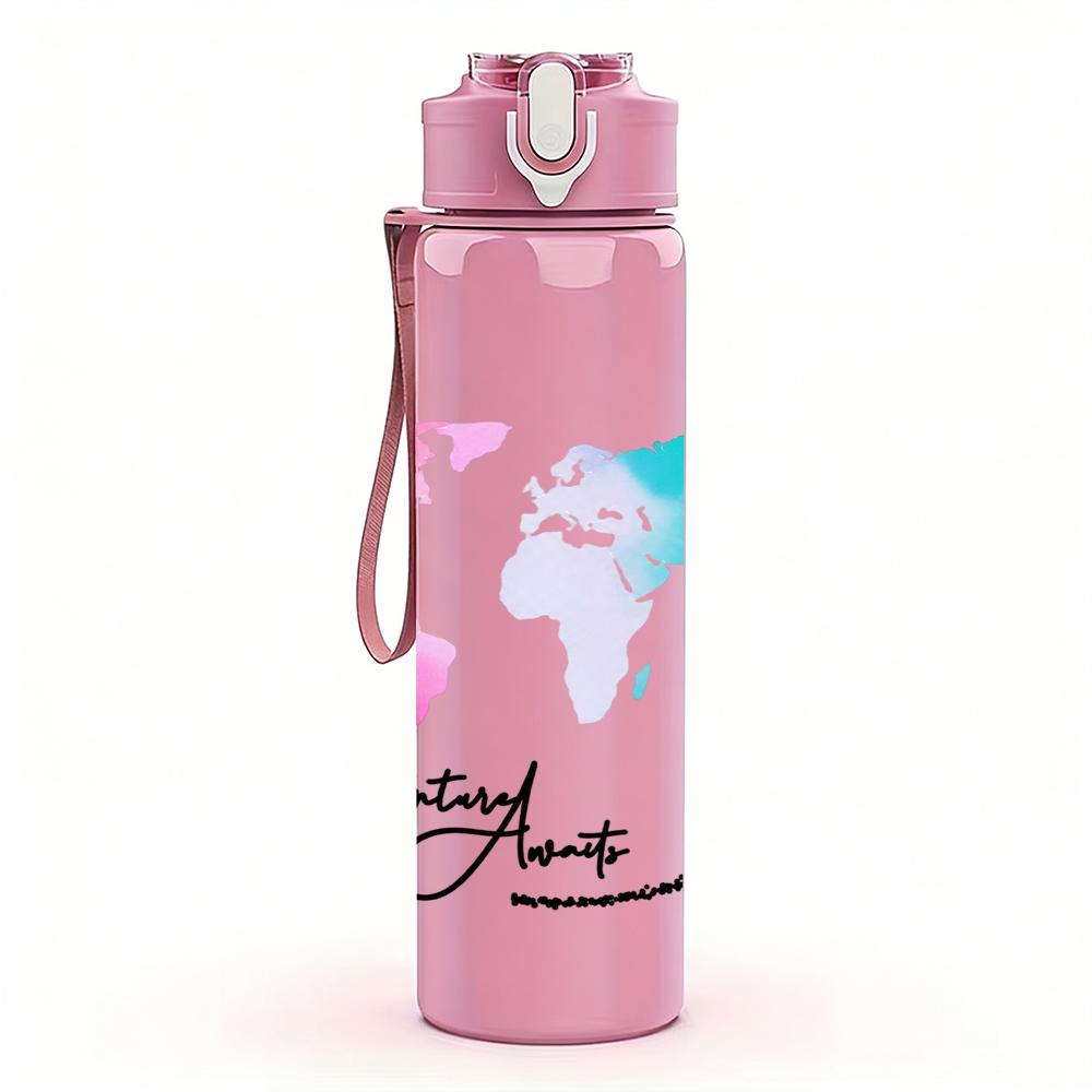1PC Travel Plane World Globe Art 750ml Color Plastic Sports Water Bottle Leakproof Flip Straw Lid Suitable for Sports Office Home Use