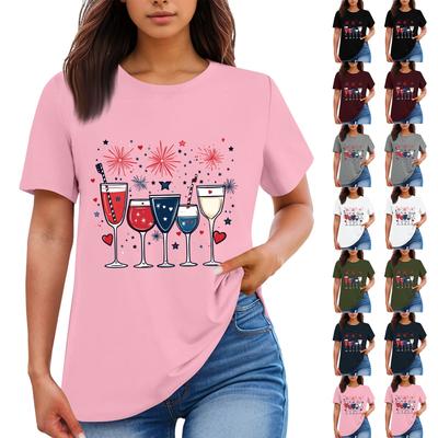 Camiseta feminina casual com estampa do Dia da Independência e gola redonda, manga curta