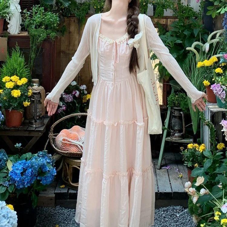 Gentle Pink Lace Camisole & Cardigan Set with Waist-Hugging Summer Dress