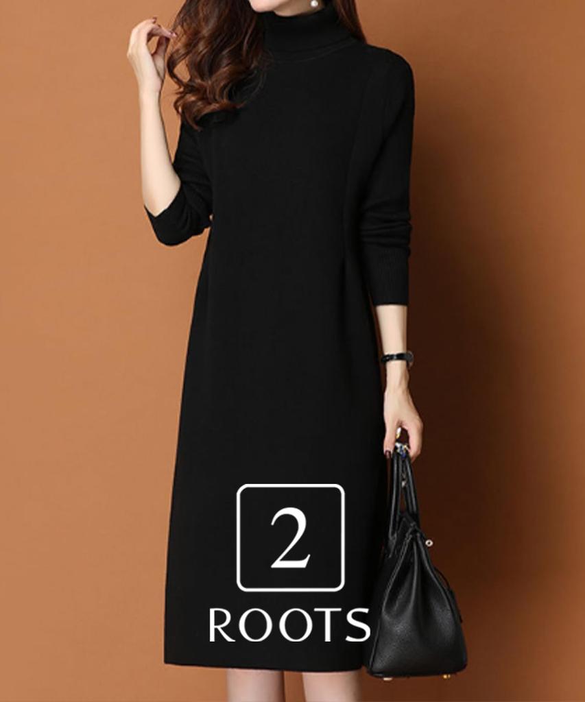 SECOND ROOTS Simple Knit High Long Tight Business Work Dress, Neck, Sleeves, Fit, Adult, Fall/Winter, Casual, Wear, Black, 5A-R05-BKM