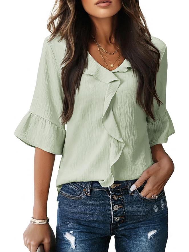 V-neck Pleated Ruffle Loose Women s Top - 2026 New Fashion Collection XL
