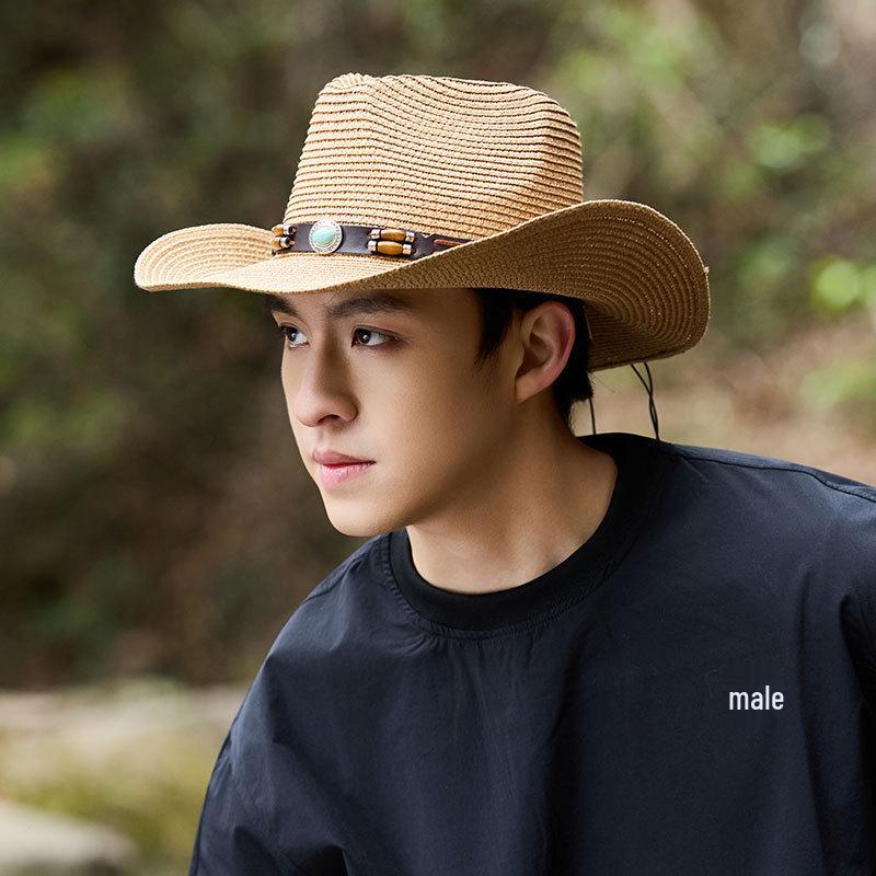 Unisex Bohemian Style Western Cowboy Straw Hat, Face-Slimming, Retro Panama Design with Sun Protection.