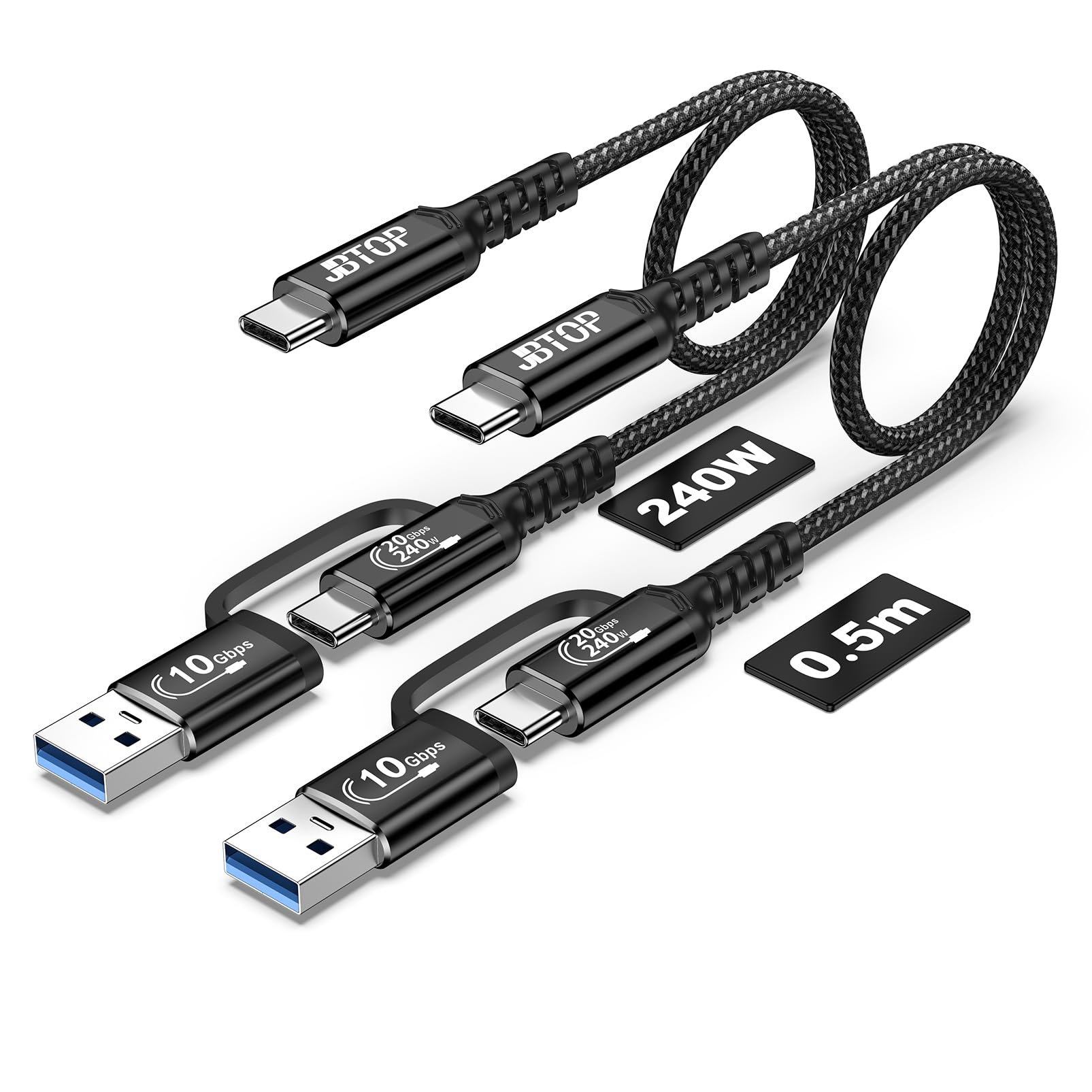 

JBTOP Android Автомобильный 50 см 240 Вт Быстрая 10 Гбит/с Сверхбыстрая Передача Данных Совместим с iPhone Pro Galaxy S и Pixel 9 Pro XL Кабель USB-C 2-в-1, (2