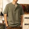 Men's Olive Green Henley T-Shirt Casual Short Sleeve Loose-Fit Cotton Top