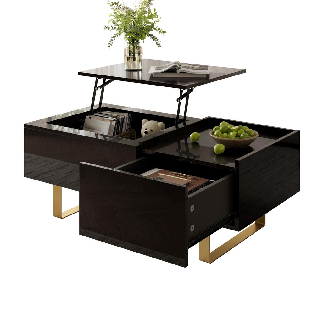 Height-Adjustable Coffee Table, Storage Made of MDF with High-Gloss Surface, with Drawer and Iron Legs, Modern Living Room Table