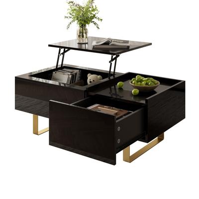 Height-Adjustable Coffee Table, Storage Made of MDF with High-Gloss Surface, with Drawer and Iron Legs, Modern Living Room Table