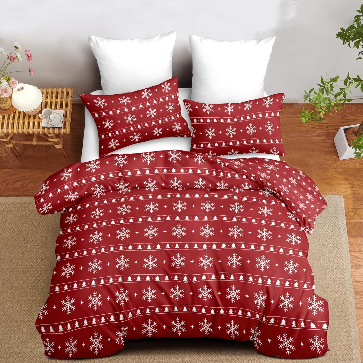 

Christmas Duvet Cover King Holiday Bedding Set Red White Snowflake Christmas Tree Striped Duvet Cover Xmas Theme Bedding Gifts 135x200cm 3PCS бежевый