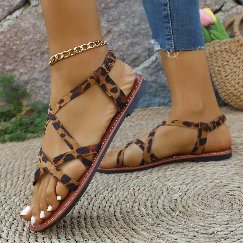 Roman Sandals Women's Summer New Clip-Toe Round Toe Open Toe Cross Thin Strap Soft Sole Anti-slip Wear-resistant Flats