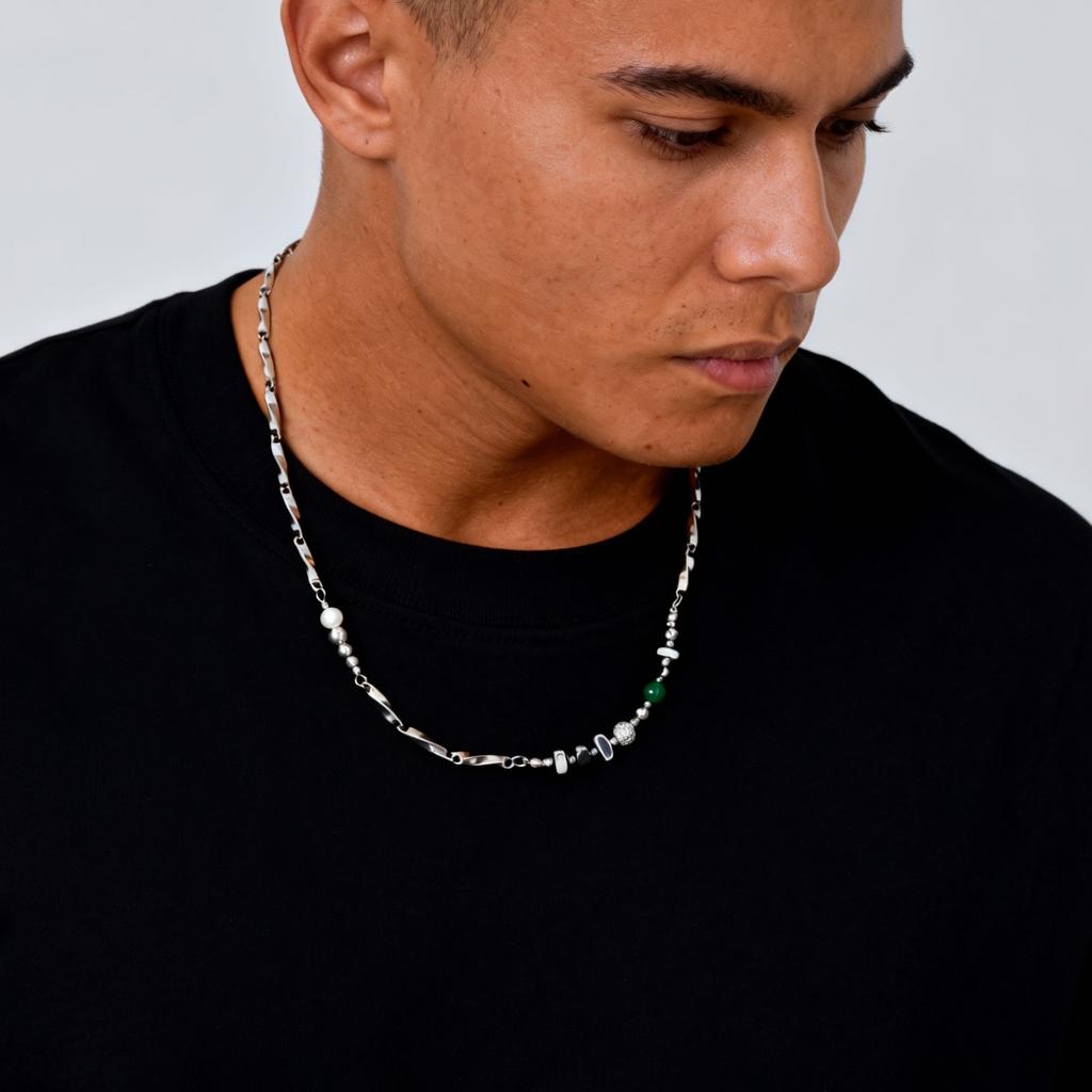Hiphop Men's Chain Necklace,Green Stone Irregular Metal Beads Collars,Birthday Party Jewelry Gift