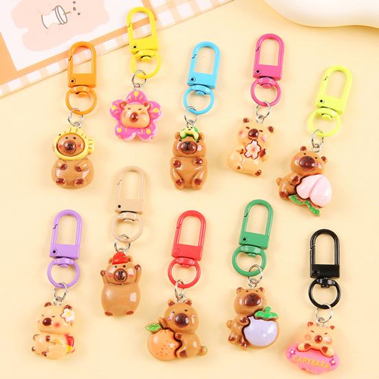 24/50Pcs Capybara Keychains Set Cartoon Resin Doll Charm Keychains Metal Key Ring