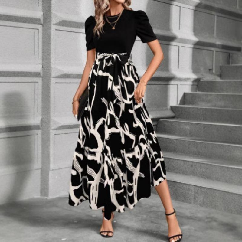 Women Leaf Print Midi Dress, Puff Short Sleeve Crew Neck Wrap Waist Ruffle Hem Long Sundress, Elegant Split Flowy Vacation Casual Party Outfit
