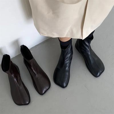 Chaussures Rock mode Femme Automne Bottes Talon Plat Bottes À Glissière-Femmes Dames Cheville Cuir Caoutchouc Bas 2024 Tissu Bout Carré Rome Basic Sol