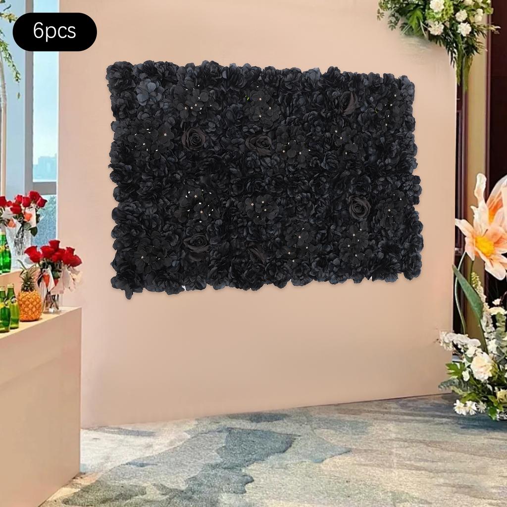 6 Pcs Artificial Flower Wall Panel, 14.96x14.96 In Square Floral Backdrop w/ Hydrangea Dahlia Rose, Black Elegant Wedding Decor