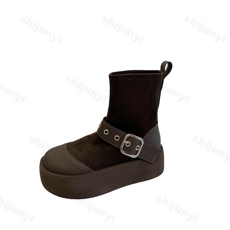 Punk Thick Heel Platform Boots Women Chunky Heels Fashion Buckle Motorcycle Boots Woman Black White Thick Bottom Ankle Booties