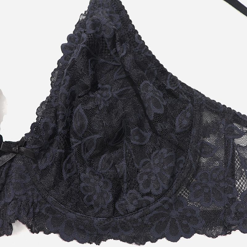 Woman Plus Size Bra Black White Floral Lace Underwear with Wire Ultra Thin Breathable Lingerie 38D 40D 42D 44D 40C 42C 44C Full Cup