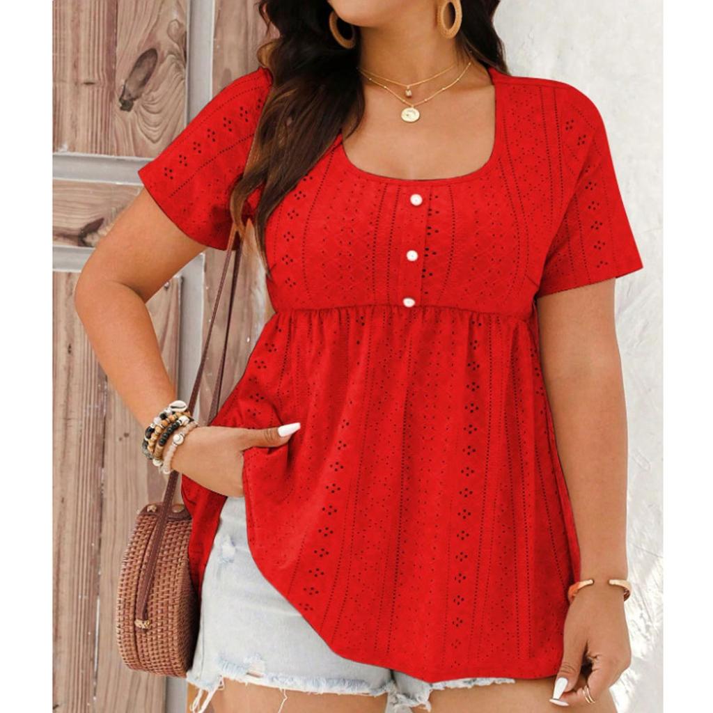 Women's Plus Size Casual Loose Round Neck Short Sleeved Pleated Button Irregular Hem Top