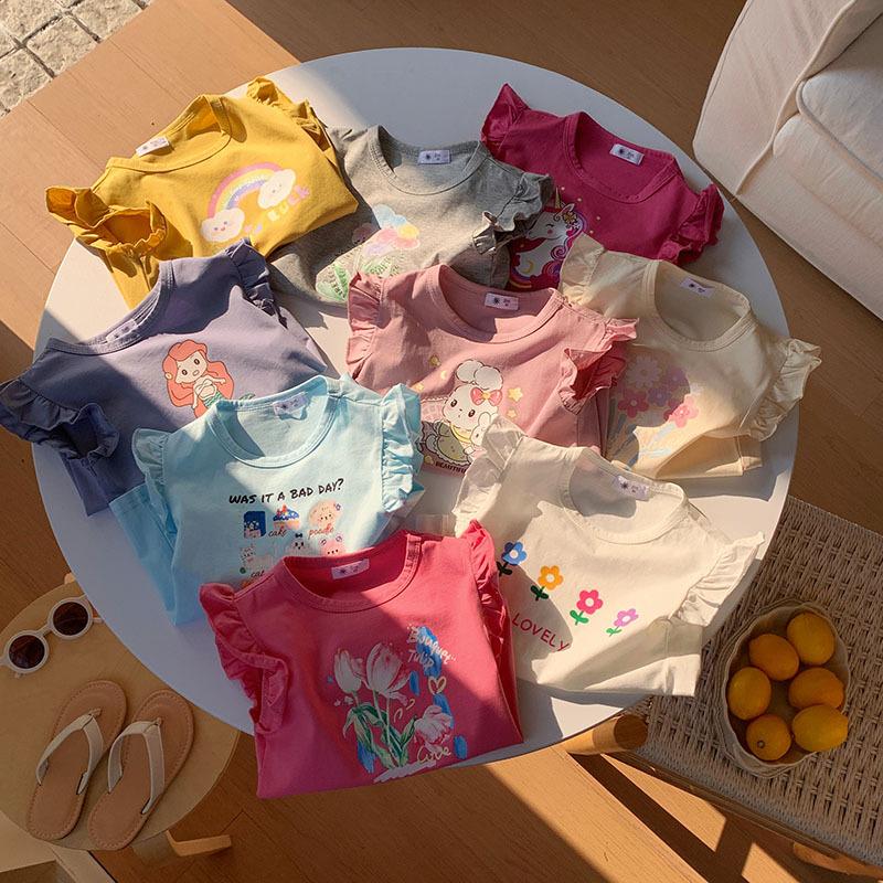 Summer New Kids Ruffle Sleeve Short Sleeve T Shirt Boys Girls Cartoon Print Casual Top Baby Fashionable Trendy