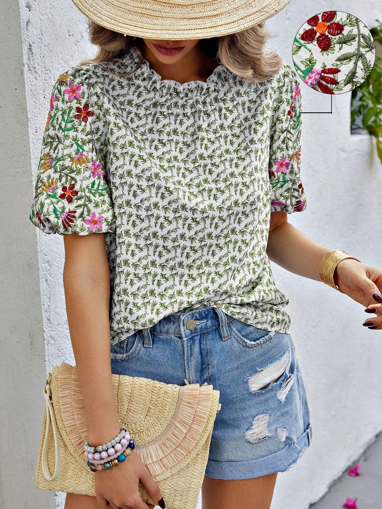 Women S Floral Embroidered Ruffled High Neck Short Sleeve Blouse S зелёный