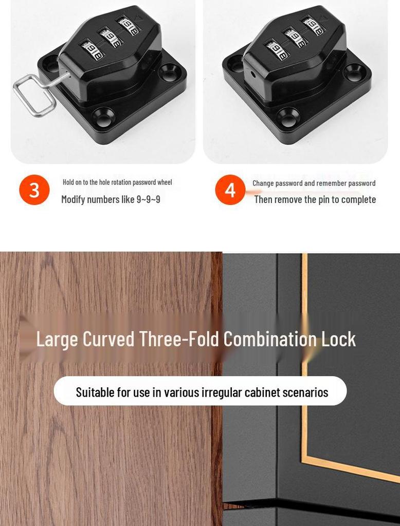 Punch-Free Combination Lock for Wardrobes, Drawers, Fridges, Safety and Security, Anti-Theft Double Door and File Cabinet Sliding Door Lock