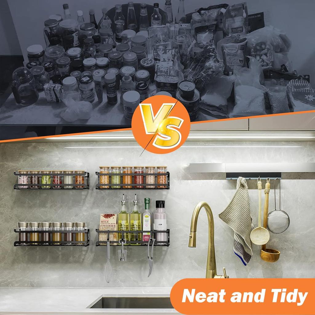 Spice Rack Wall Mounted 4 Pack,Space-Saving Spice Organizer for Spice Jars and Seasonings,Screw or Adhesive Hanging Spice Rack Organizer for Your