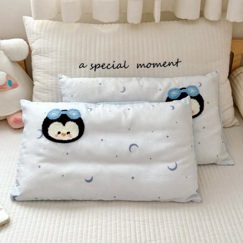 Soft Cotton Double Layer Gauze Kids Pillowcase With Fiber Filled Pillow Core Toddlers 30x50cm Cartoon Design