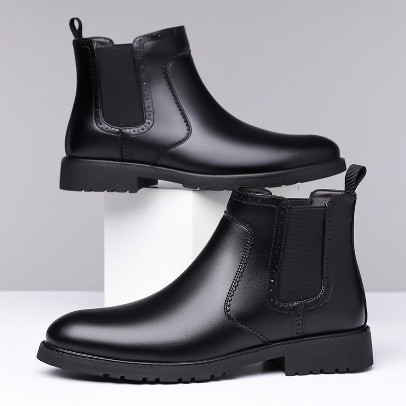 Business Formal Cotton Leather Shoes for Man Autumn Winter Fleece Thickened Warm and Anti-slip High-top Men's Ankle Boots Shoes