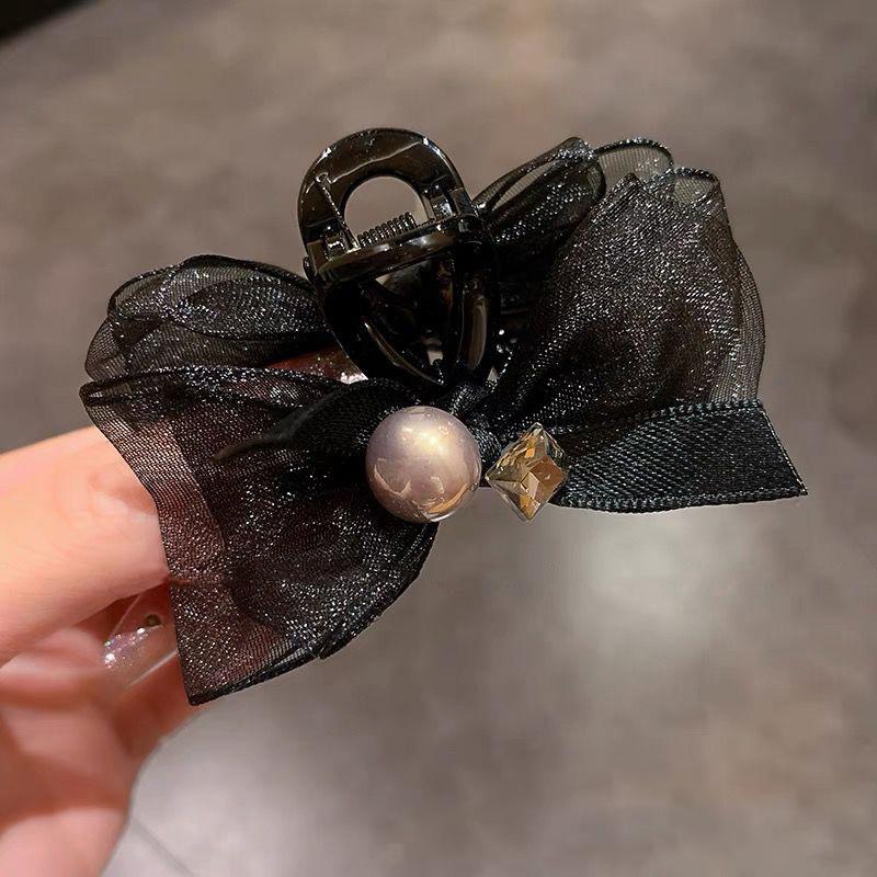 

1PC Black Butterfly Knot Pearl Water Diamond Small Grip Clip Fashionable Plastic Decorative Hair Clip Inlaid Rhinestones Pearl