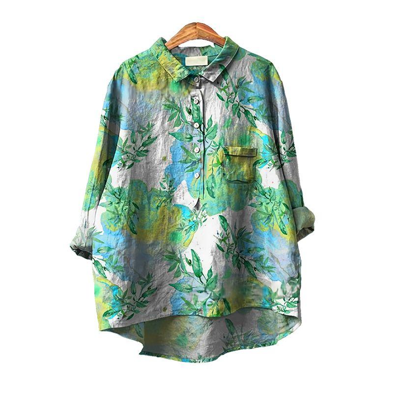 European Retro Artistic Hong Kong Style Plus Size Women's Clothing Turn-down Collar with Leaves Print Loose Mid-Length Casual Long Sleeve Shirt Top