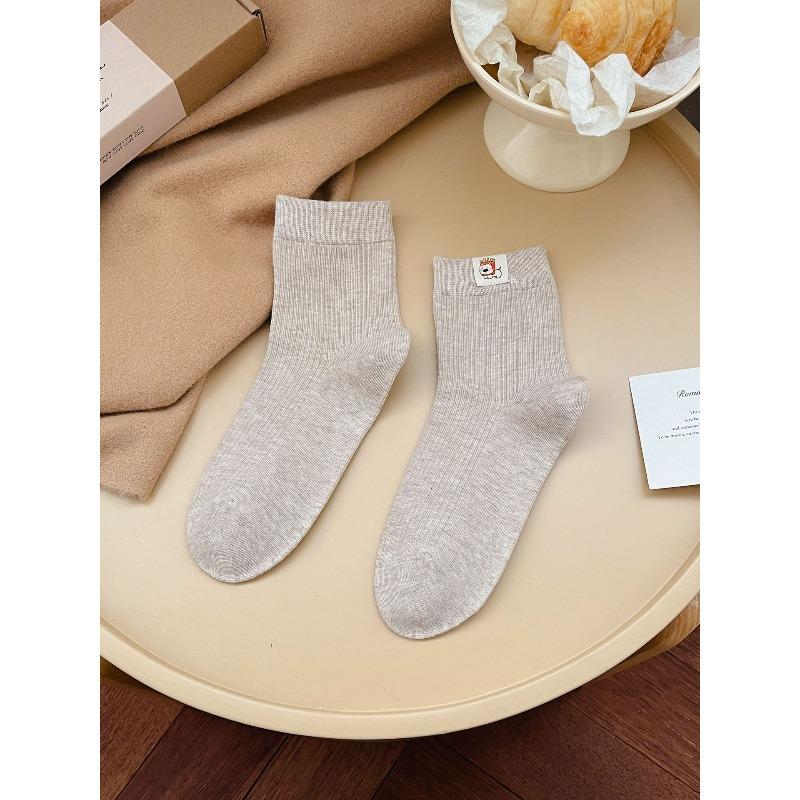 Ladies Autumn Winter Cotton Cute Cartoon Puppy Striped Curled Edge Double Mouth in Color Contrast Tube Socks