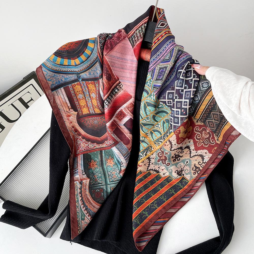 Silk scarf premium herringbone pattern double-sided printed square scarf 91 autumn and winter decorative gift high-end scarf silk scarf gift