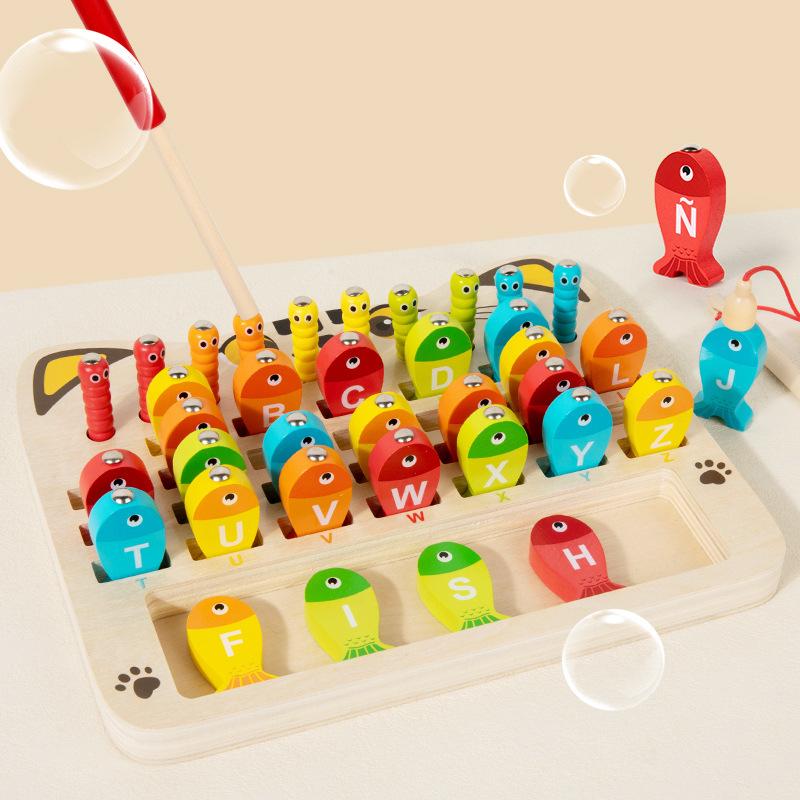 Children's Wooden Magnetic Alphanumeric Fishing Baby Catching Bugs Pairing Training Multifunctional Math Intellectual Toys