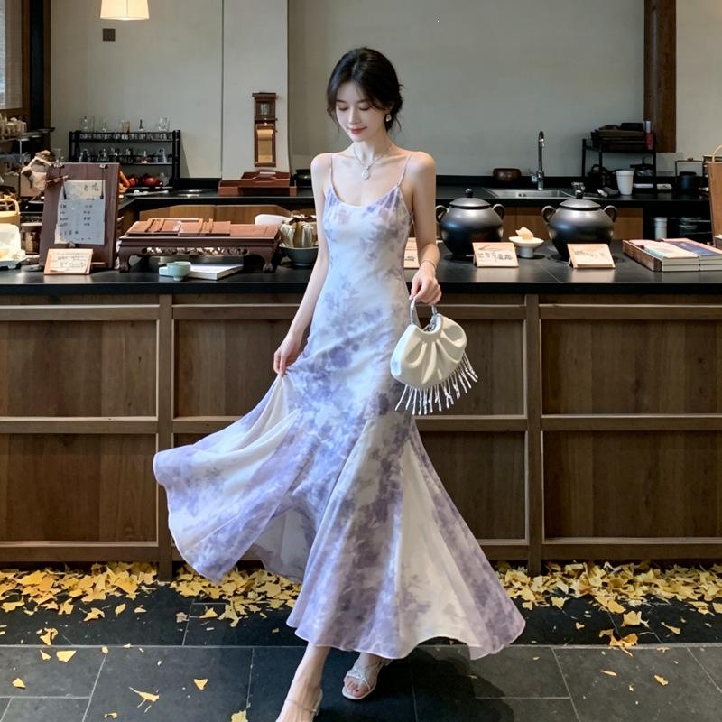 New Chinese-style purple suspender dress 2026 spring and summer new step-by-step lotus waist and thin temperament fishtail skirt