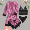 4-Piece Women Sexy Garter Lingerie Set Robes Lace Bodysuit Deep-V Neck Underwear
