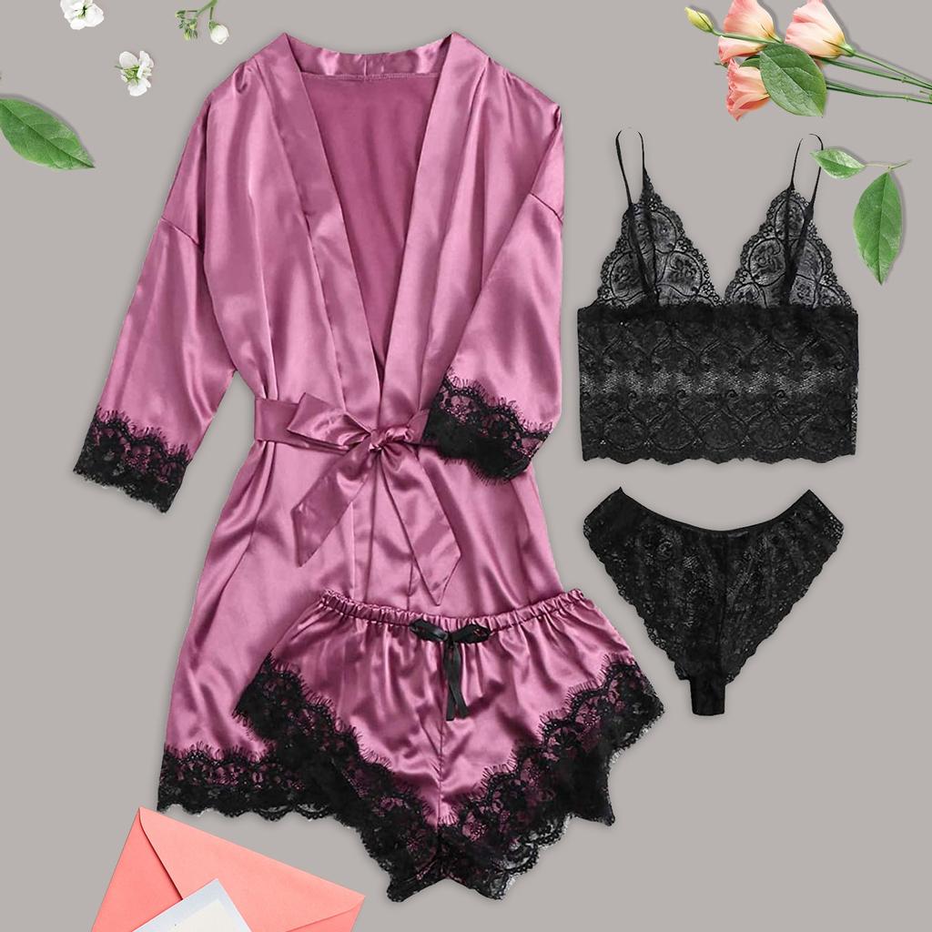 4-Piece Women Sexy Garter Lingerie Set Robes Lace Bodysuit Deep-V Neck Underwear