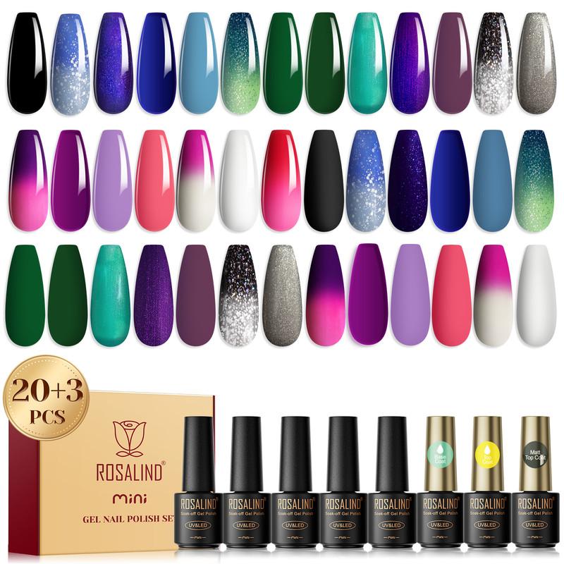 ROSALIND 23pcs Gel Nail Polish Set -Temperature Change Color Base Top Coat Soak Off Hybrid Semi Permanent Gel Varnishes Nail Art