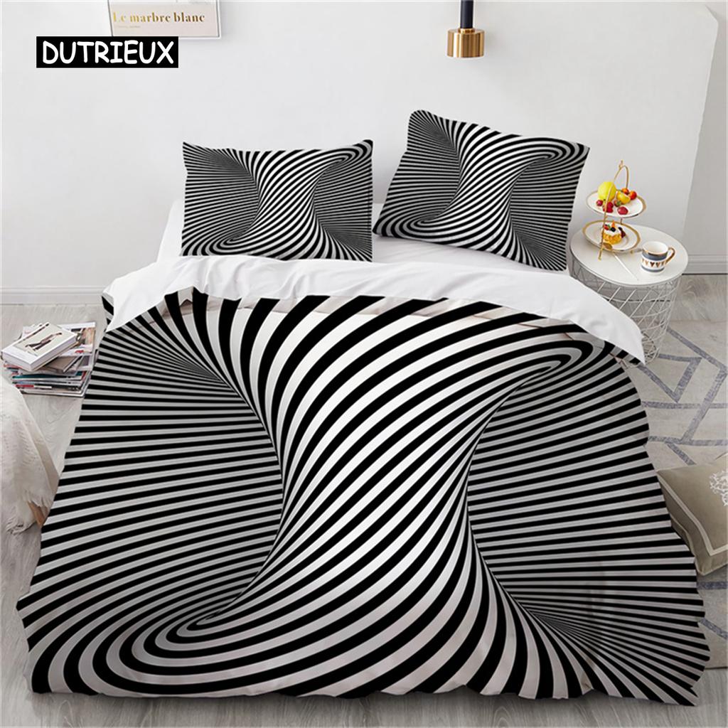 Duvet Cover Psychedelic Spiral Swirl Quilt Cover Abstract Art Black White Geometric Checkered Bedding Set for Bedroom Decoration