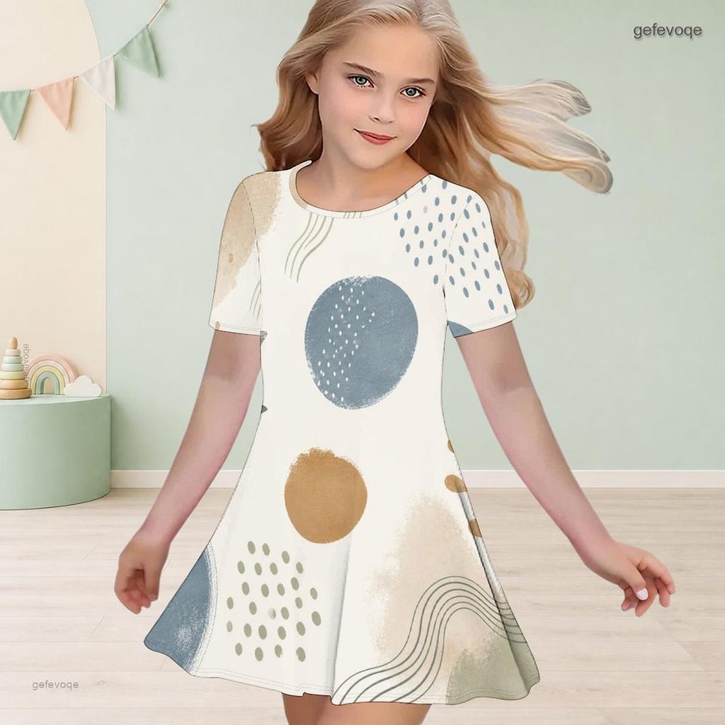 Girls Round Neck Short Sleeve Abstract Floral Printed A Line Flared Dress