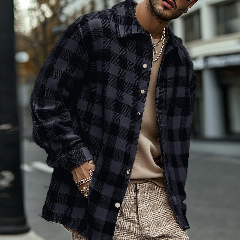 

INCERUN Мужские клетчатые топы с воротником-лацканом и длинным рукавом, повседневные рубашки с пуговицами на осень S чёрный