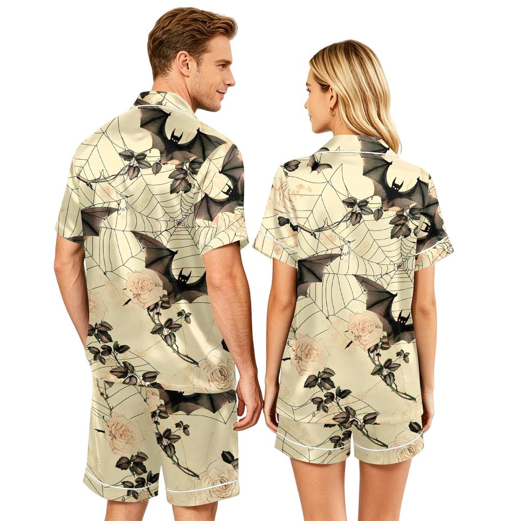 Couple Matching Halloween Pajama Set Short Sleeve Button Down Shirt with Hem Short Pants Soft Casual Loungewear S To XXXXL