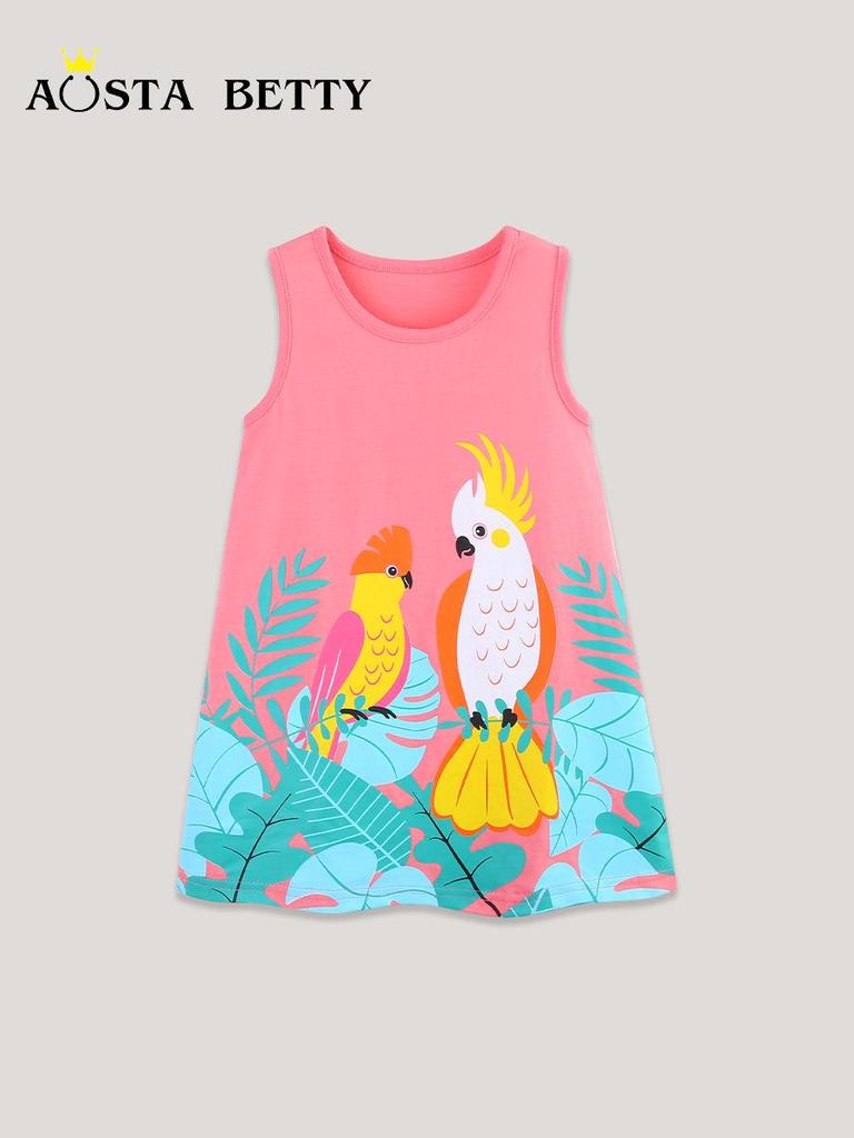 Girls' Floral Sleeveless Knit Cotton Princess Dress - European & American Style, Summer Collection.